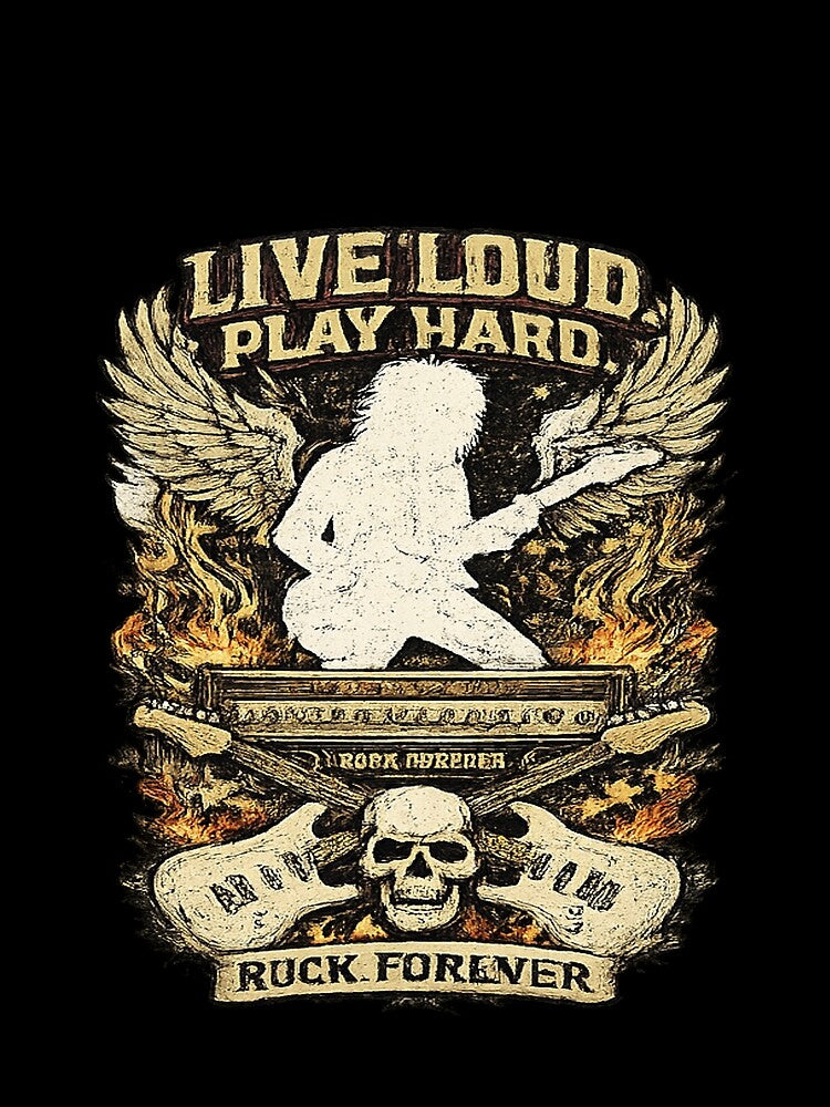 Live Loud Play Hard Vintage Rock Guitar Skull Retro Graphic T-Shirt by NeO² Studio