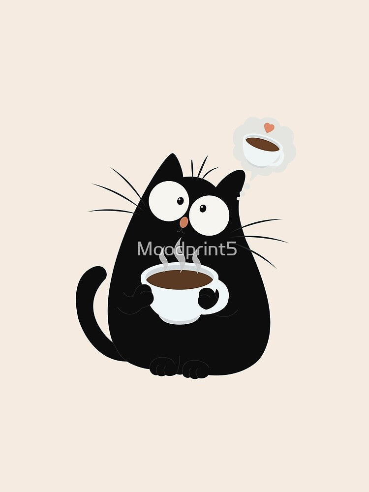Funny Black Cat Drinking Coffee Art by Moodprint5