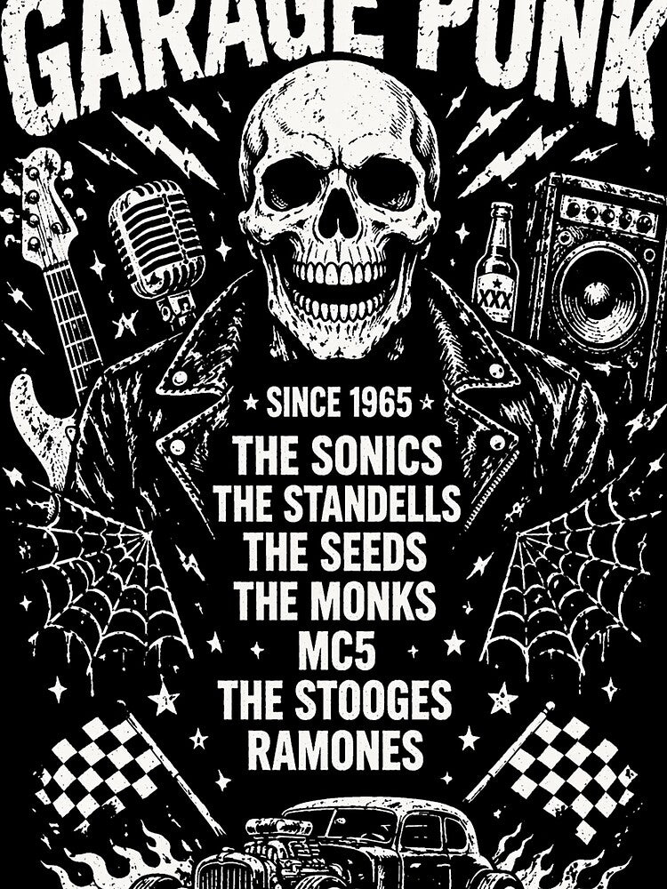 Garage Punk Since 1965 – Skull Leather Jacket Rock Band Distressed Vintage Punk Rock T-Shirt Design by Endthedisease
