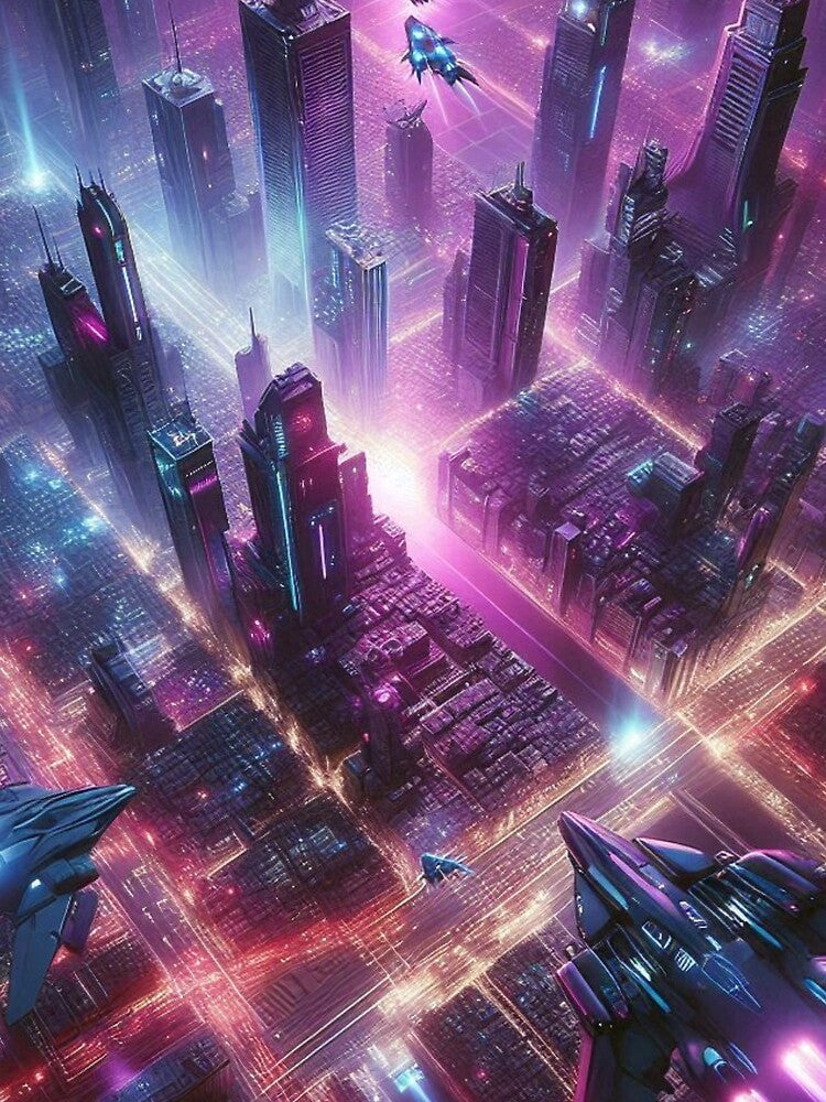 Synthwave Cyberpunk City - Futuristic Neon Art Purple Pink by Lyvion design