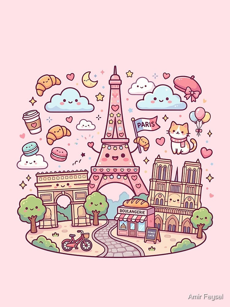 Kawaii Paris Landmarks Eiffel Tower Notre Dame Cute Travel Art by Amir Faysal