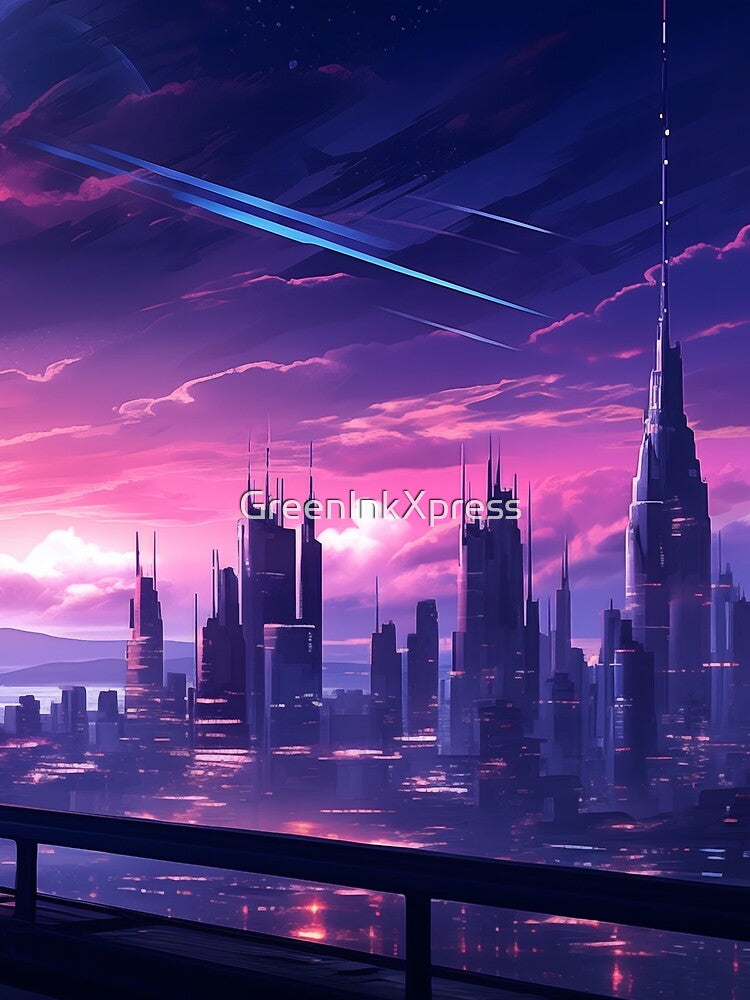 Futuristic Cyberpunk Skyline at Dusk by GreenInkXpress