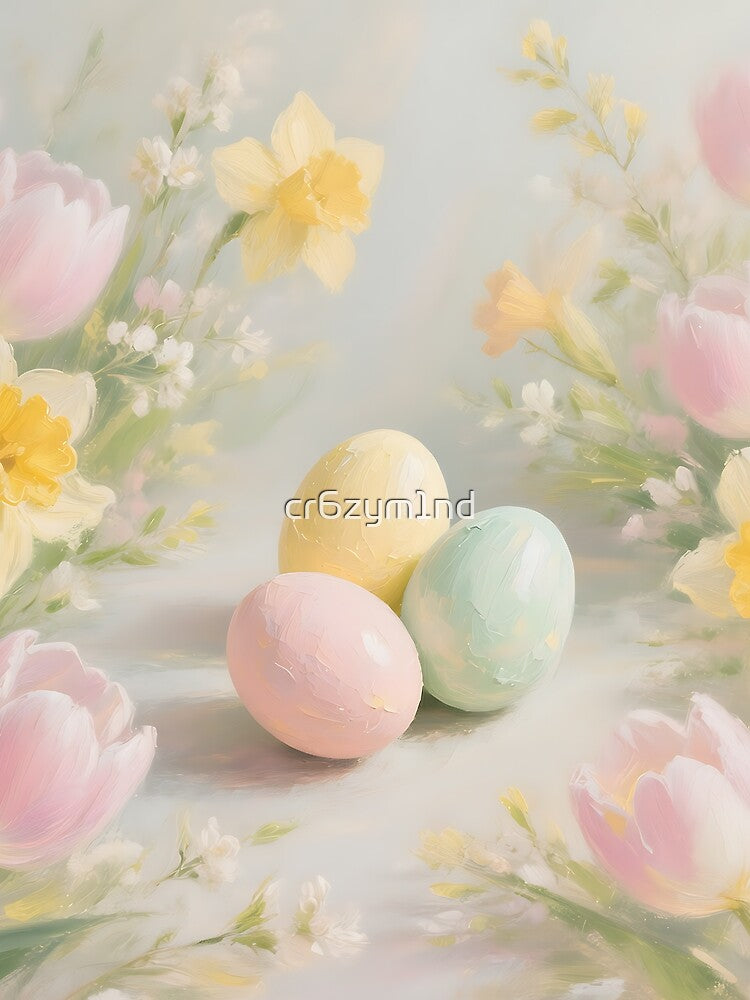 Pastel Easter Eggs with Spring Flowers – Soft Cottagecore Spring Botanical Painting by cr6zym1nd