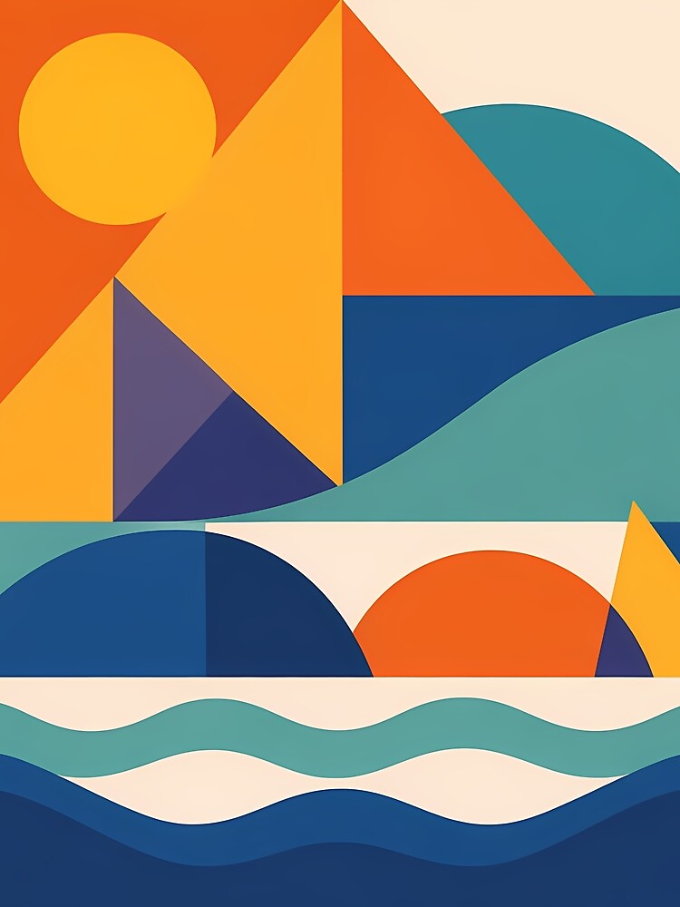 Geometric Coastal Landscape with Sun and Waves by InkSmithery