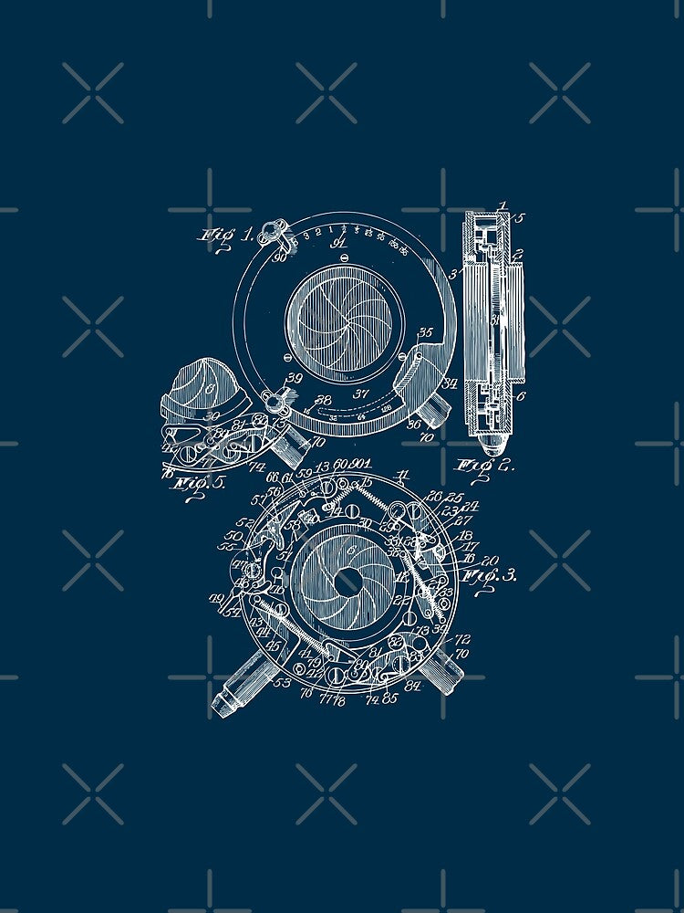 Vintage mechanical iris patent blueprint design by BRU Design
