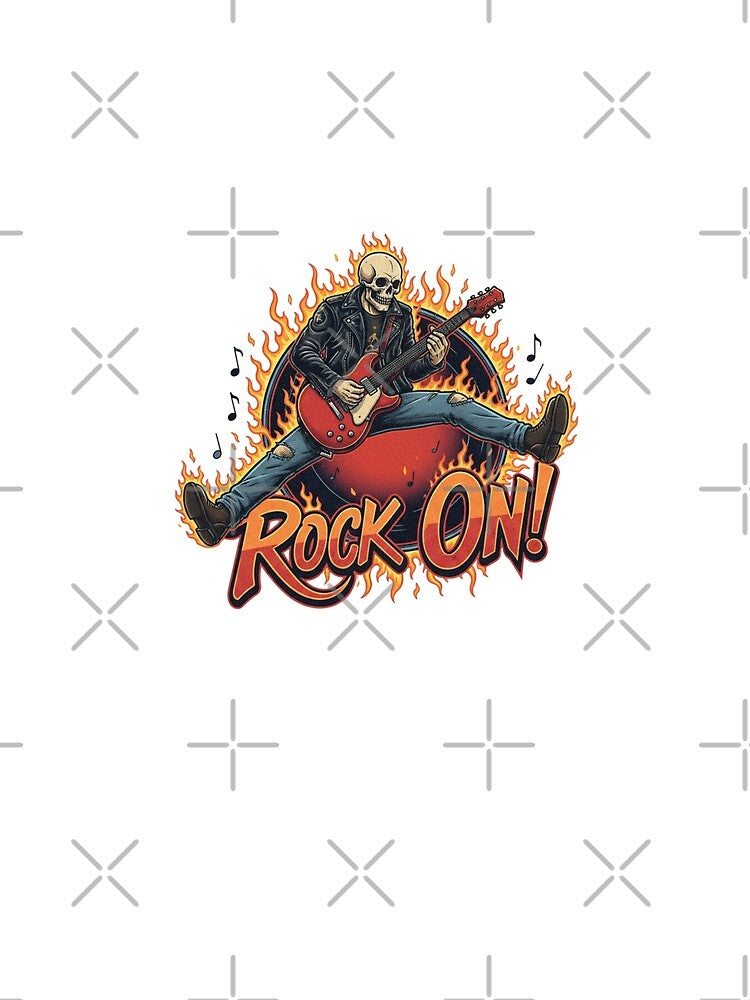 ROCK ON! Skeleton Guitarist Jumping Fire Leather Jacket Rockstar Vintage Illustration Hard Music Classic Metal Rockabilly by DibuHumor