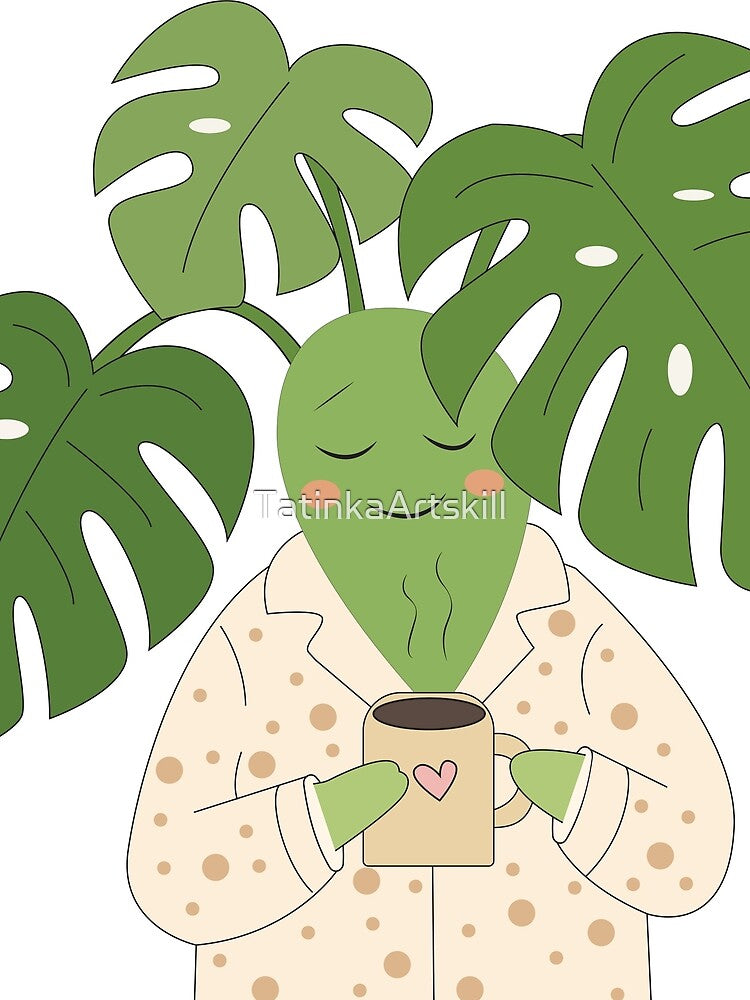 Cute Monstera in Pajamas Drinking Coffee by TatinkaArtskill
