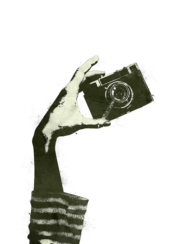 Stencil of a hand holding a vintage photo camera by Goliardika-Shop