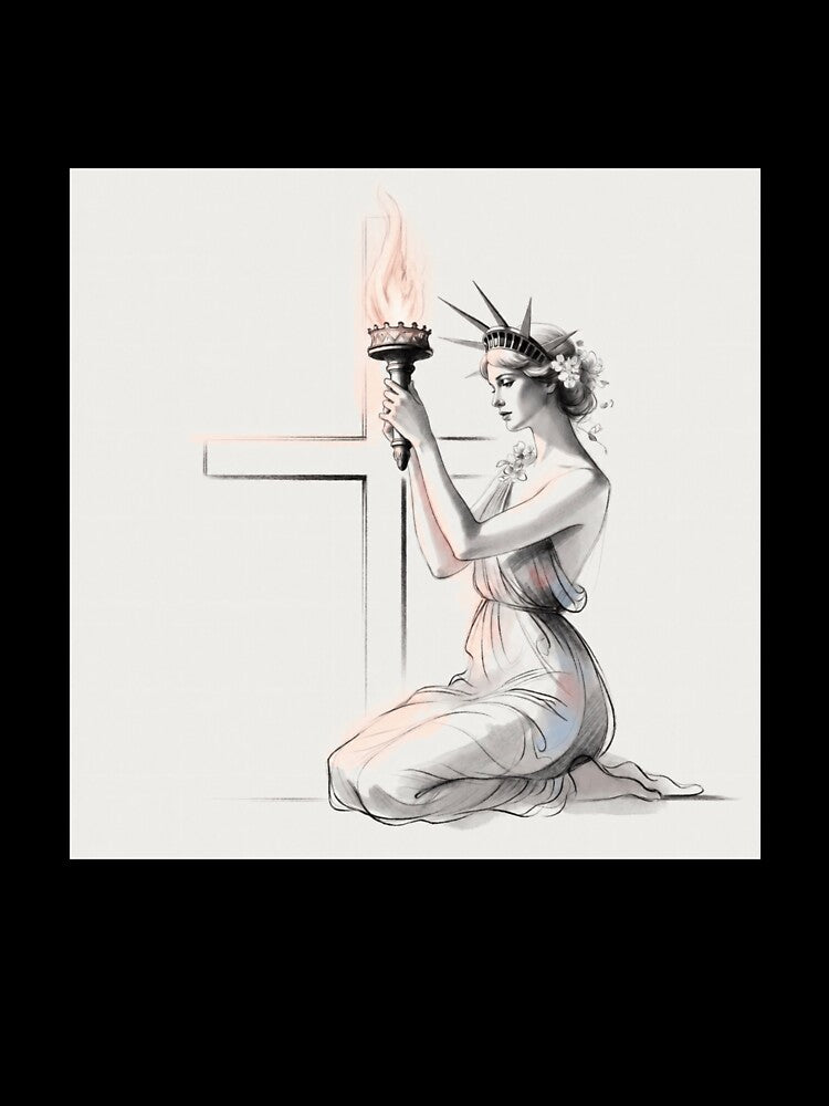Lady Liberty Kneeling Before Cross by MKThreadsStudio