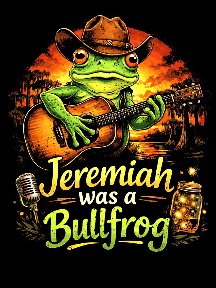 Jeremiah Was a Bullfrog Country Frog Guitar Vintage Sunset Graphic by MiALopezArt
