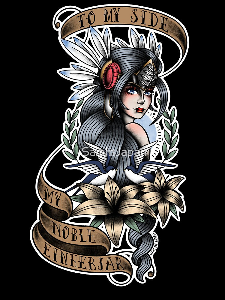 To My Side, My Noble Einherjar - Lenneth from Valkyrie Profile in American Traditional Tattoo Portrait Style by SamInJapan