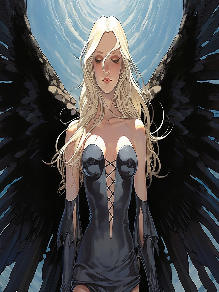 Eternal Enigma: Black-Winged Mature Angel by PinUpPavilion