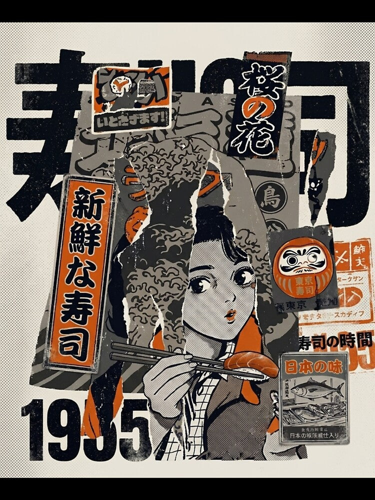 Vintage Sushi Collage – Retro Japanese Manga Street Poster by zumerdiego