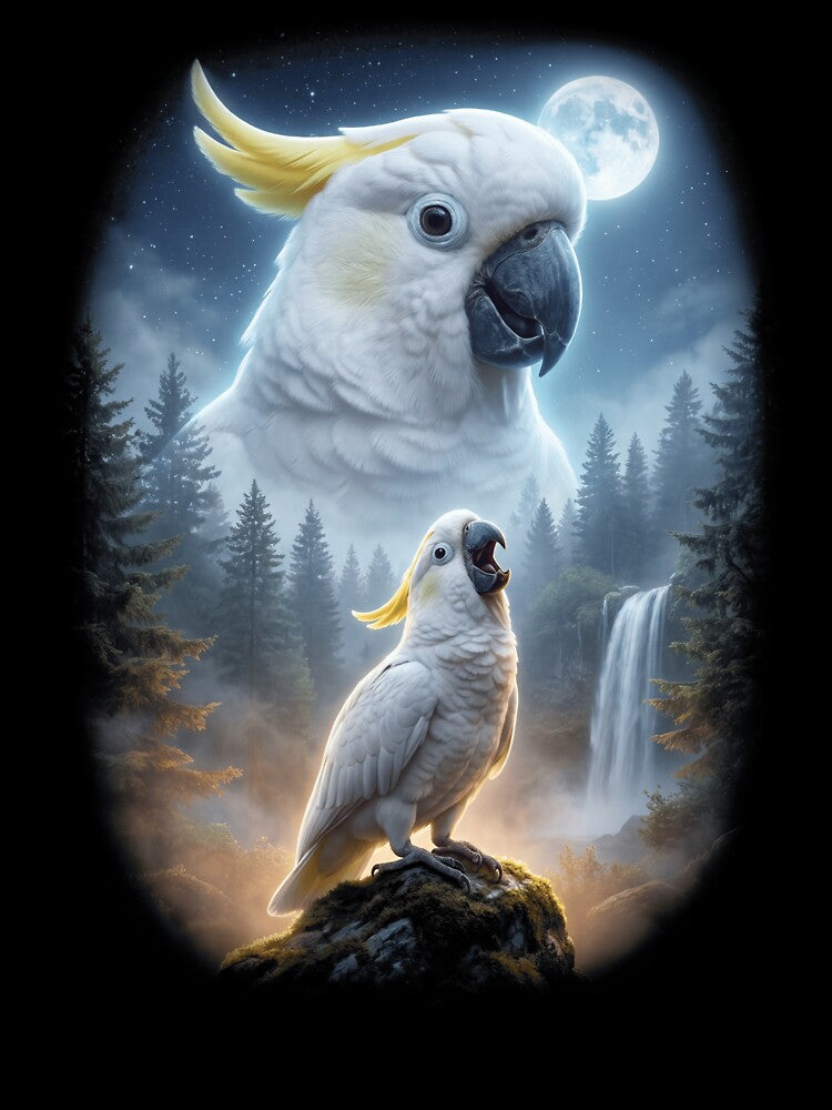 Funny White Umbrella Cockatoo Howling Moon Art Parrot Lover by DoodleTortle