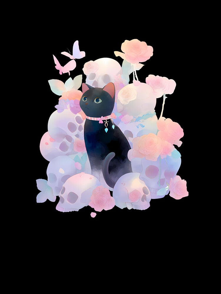 Pastel Goth Black Cat with Roses and Skulls – Cute Aesthetic Art by Kawaii Drops