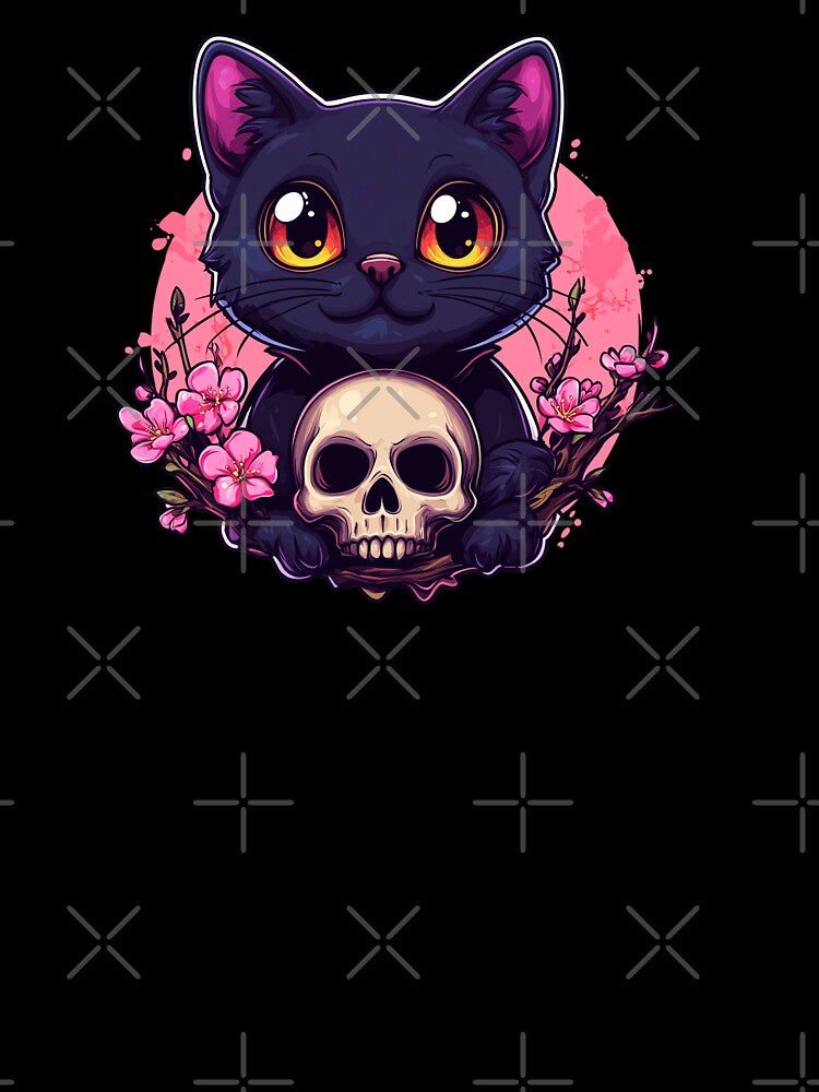 Gothic Black Cat with Skull and Cherry Blossom Cute Pastel Goth Kawaii by KawaiiMotto