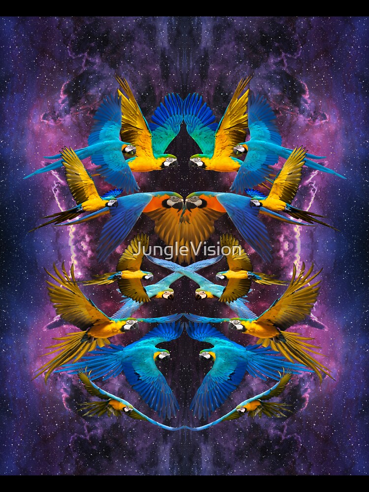Flock of Blue and Gold Macaws with Purple Galactic Background by JungleVision