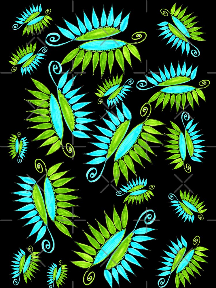 Whimsical Flower Pods Pattern Blue Green Garden Art With Black Background Hand Drawn by H3designs