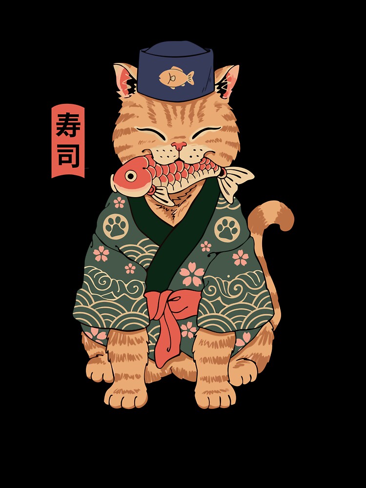 Sushi Cat in Kimono - Cute Japanese Cat Art by DMITRYEH STUDIO