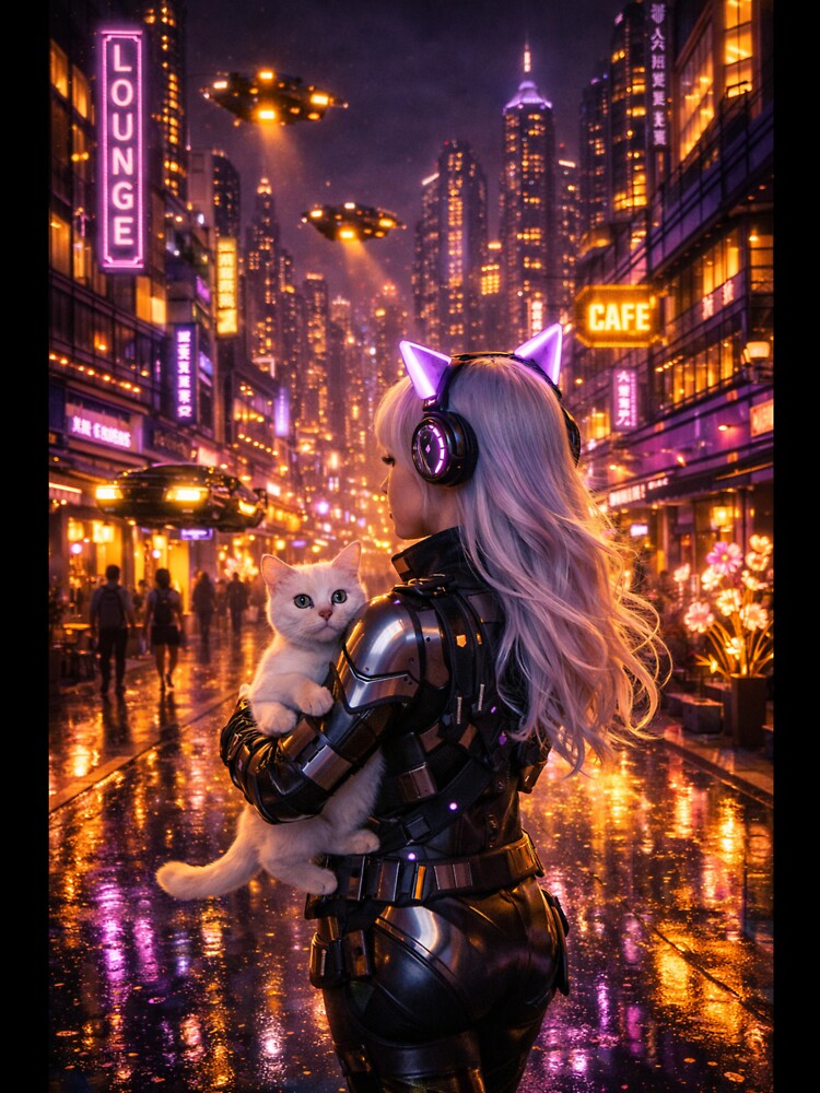 Cyberpunk Girl with White Cat Neon City Lounge Art by UmSkelig834