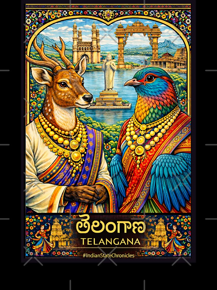 Telangana T-Shirt | Heritage Spotted Deer (Jinka) & Indian Roller (Palapitta) Art | IndianStateChronicles by freezed-frames