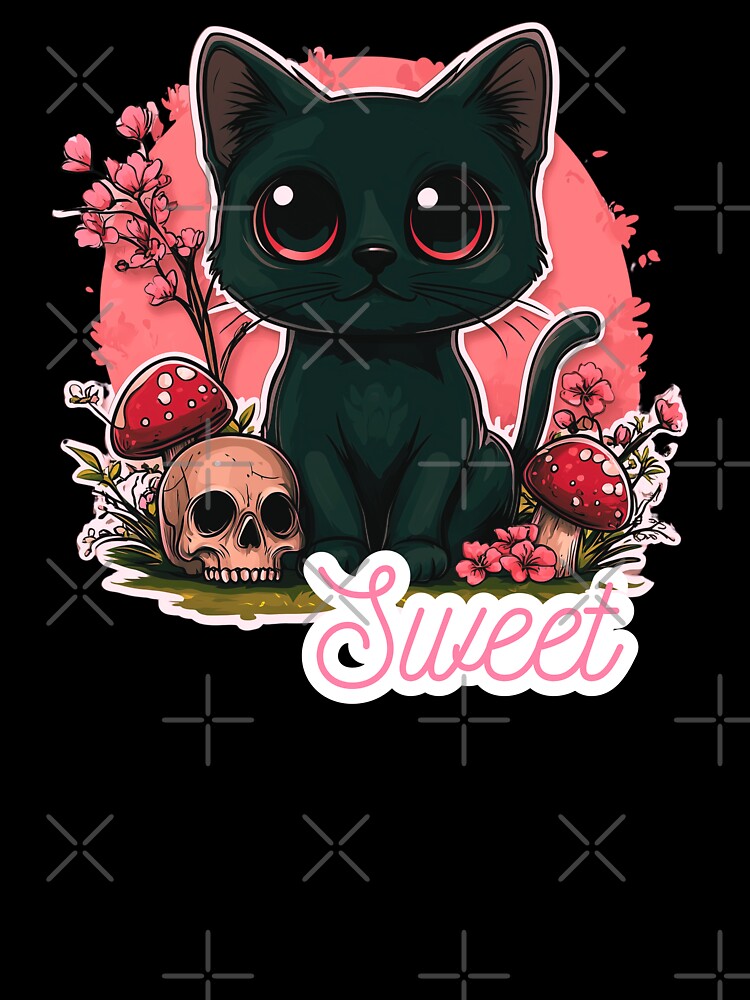 Gothic Black Cat with Skull and Mushrooms Cute Pastel Goth Kawaii by KawaiiMotto