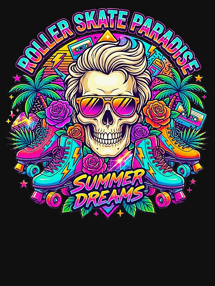 Retro 80s Roller Skate Paradise Skull - Summer Dreams Synthwave by MT-Hub | Art for Every Soul