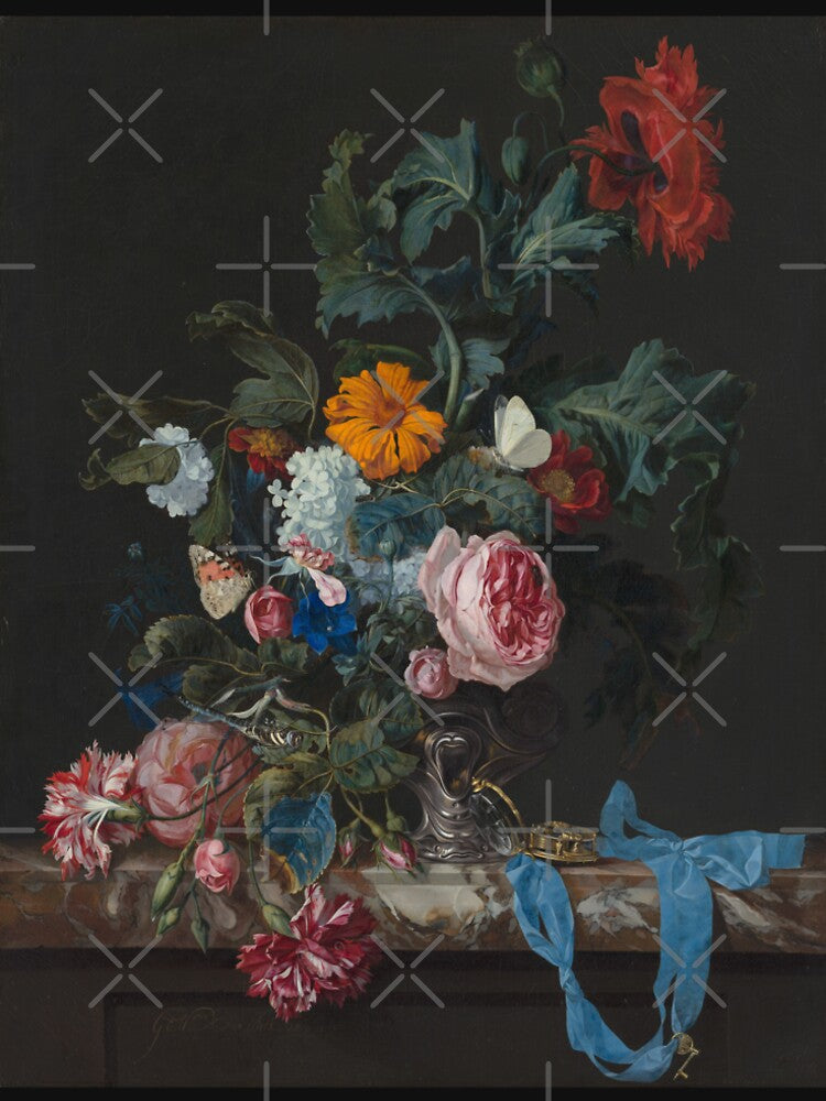 flower still life with a timepiece painting by macchiatoo