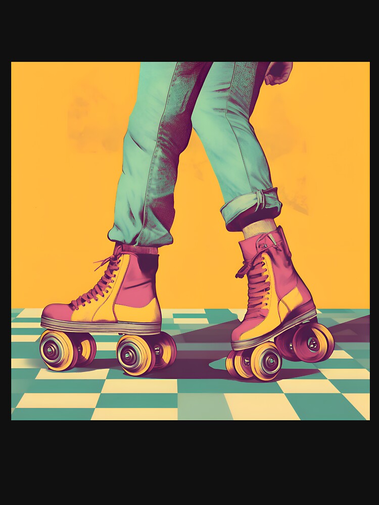 Funky Vintage 80s Retro Roller Skates on Checkered Floor by !Shirt Stains!