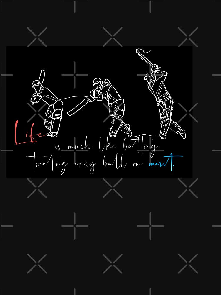 Continuous one line art cricket batting with quote: "Life is much like batting, treating every ball on merit." calligraphy typography by scribblelife