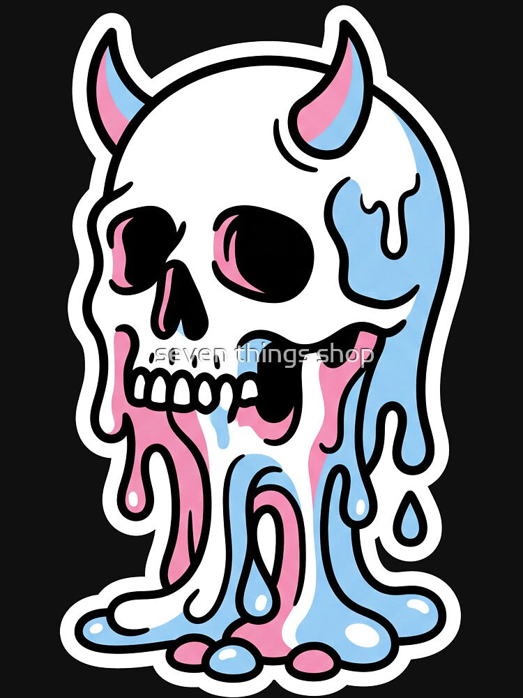 Pink and Blue Pastel Goth Dripping Horned Skull by seven things shop