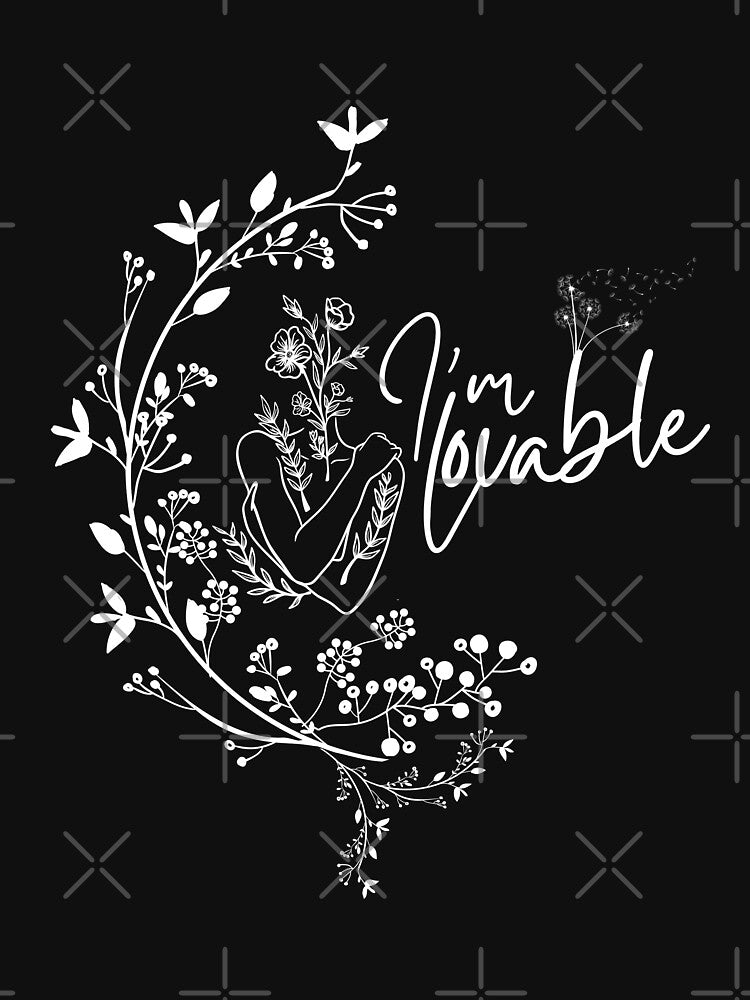 Monochromatic I'm Lovable Floral Line Art Woman Midnight Flora in Black by Simplystik