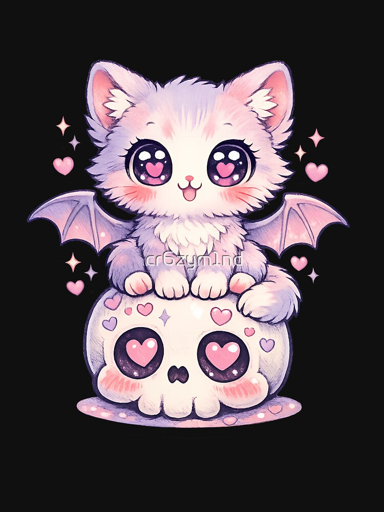 Kawaii Pastel Goth Bat Cat on Cute Heart Skull – Spooky Cute Anime Kitty Art by cr6zym1nd