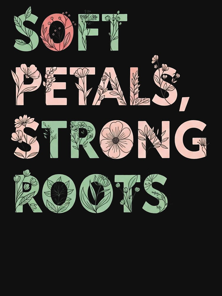 Soft Petals Strong Roots Floral Typography Art by Dzblack