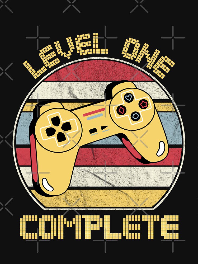 Level one complete, video gamers ,1st anniversary, 1st birthday, funny gaming pun,celebration, vintage,70's palette, retro controller, by allycat57