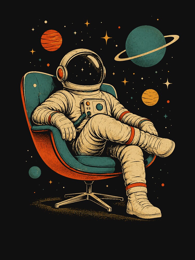 Retro Astronaut Relaxing In Space Vintage Cosmic Chair by Moizento