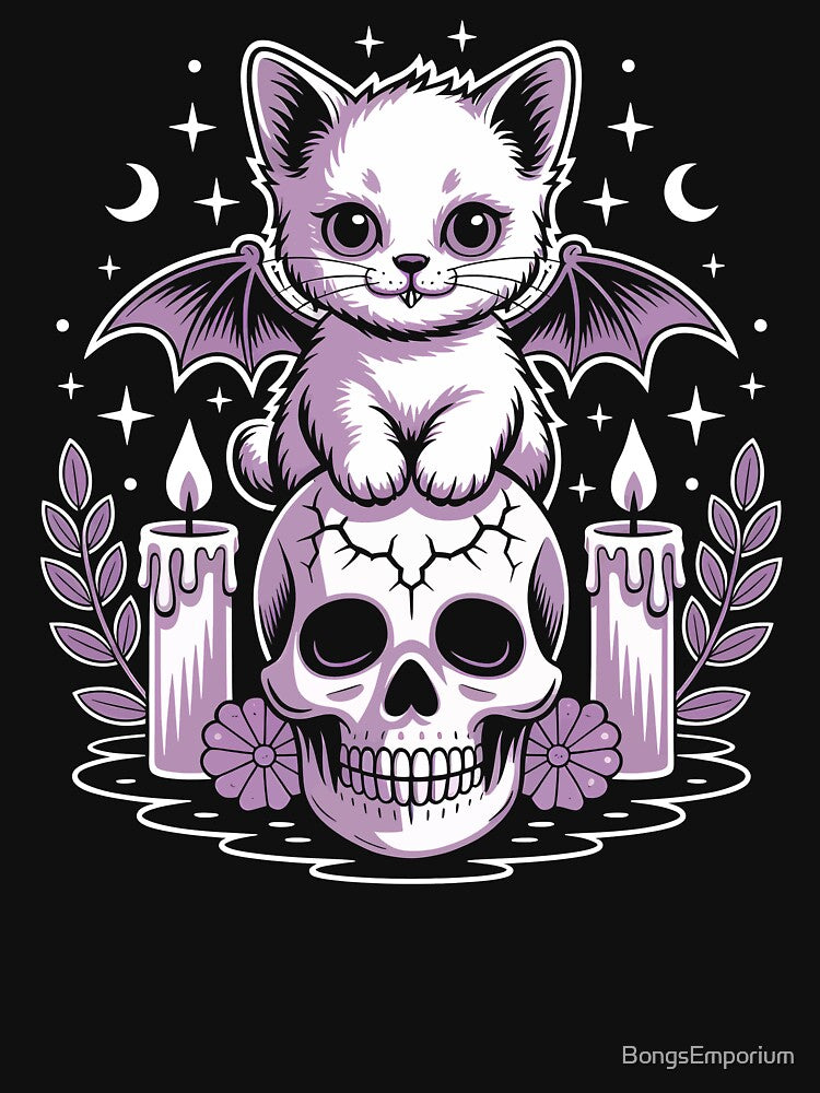 Kawaii Pastel Goth Creepy Cute Cat & Bat Skeleton Halloween Design by BongsEmporium