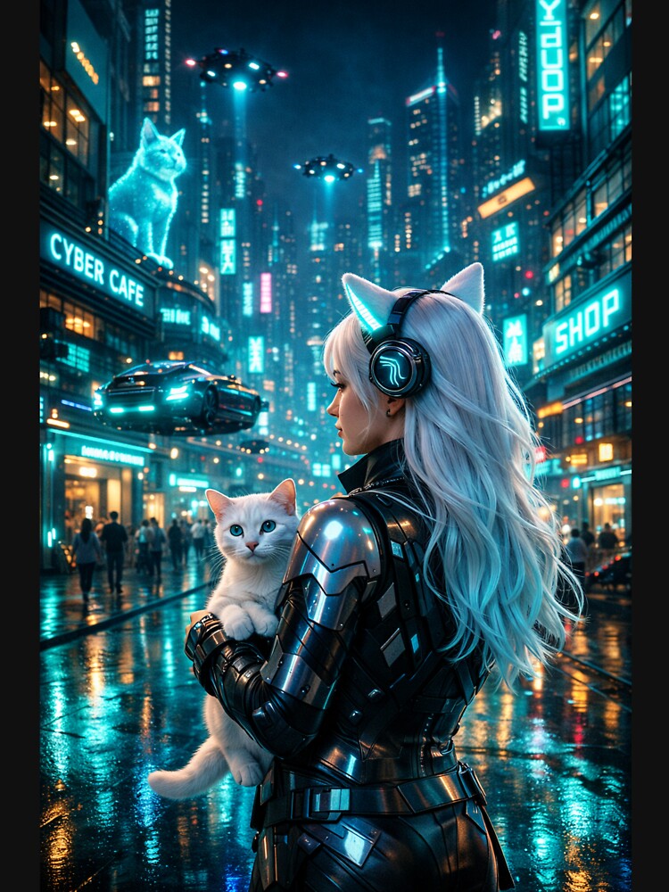 Cyberpunk Girl with White Cat Neon City Hologram Art by UmSkelig834