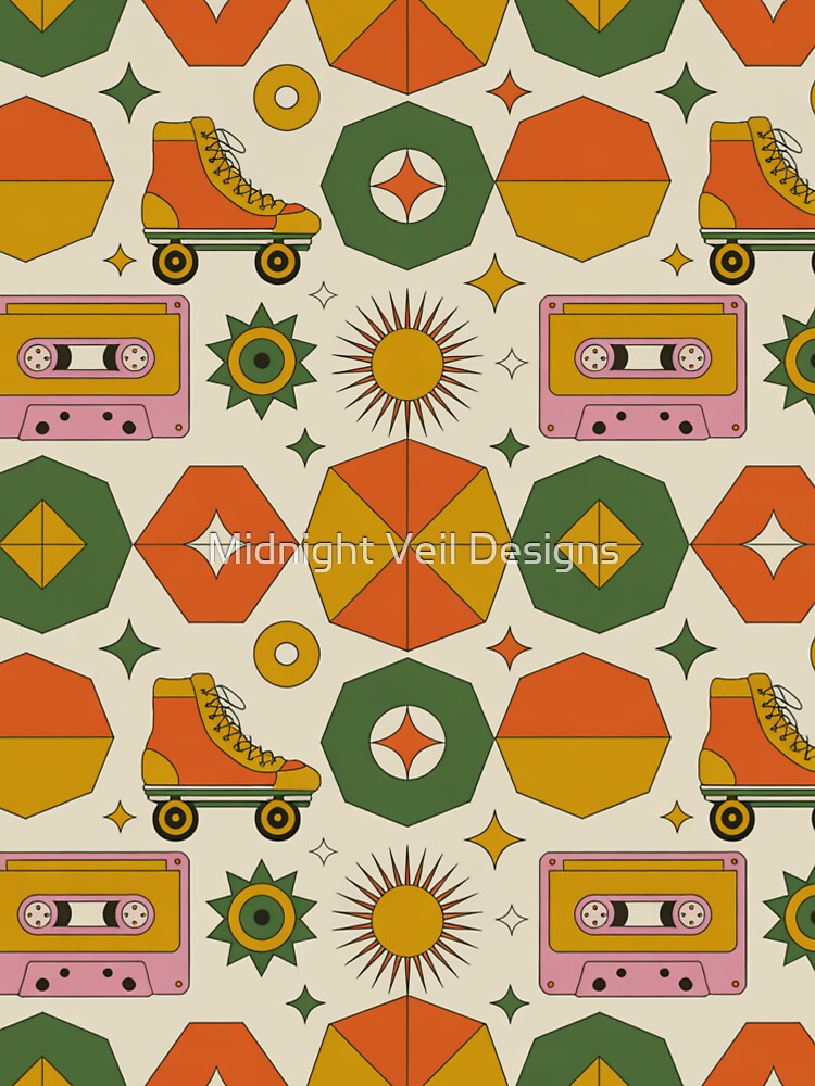 Retro 80s Rollerskates Cassettes Geometric Seamless Pattern by Midnight Veil Designs