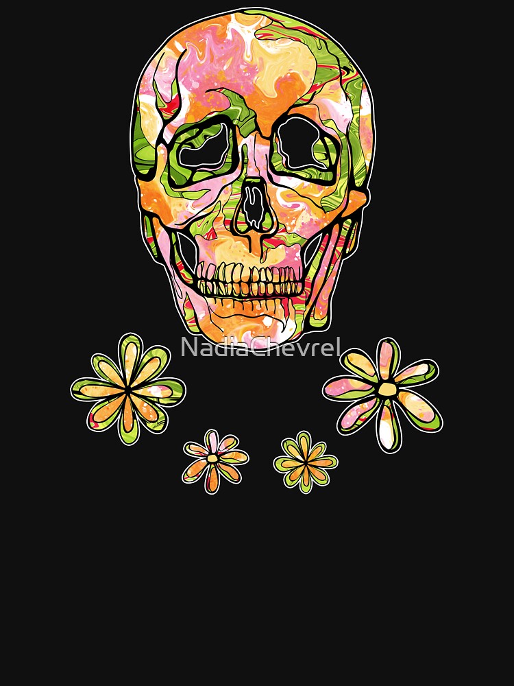 Spring skull embroidery styled, sugar skull with flowers from 1970 on black background by NadiaChevrel