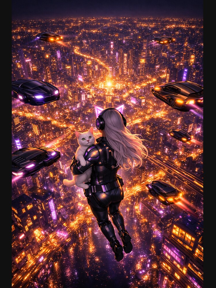 Cyberpunk Girl and White Cat Flying Over Neon Metropolis Art by UmSkelig834