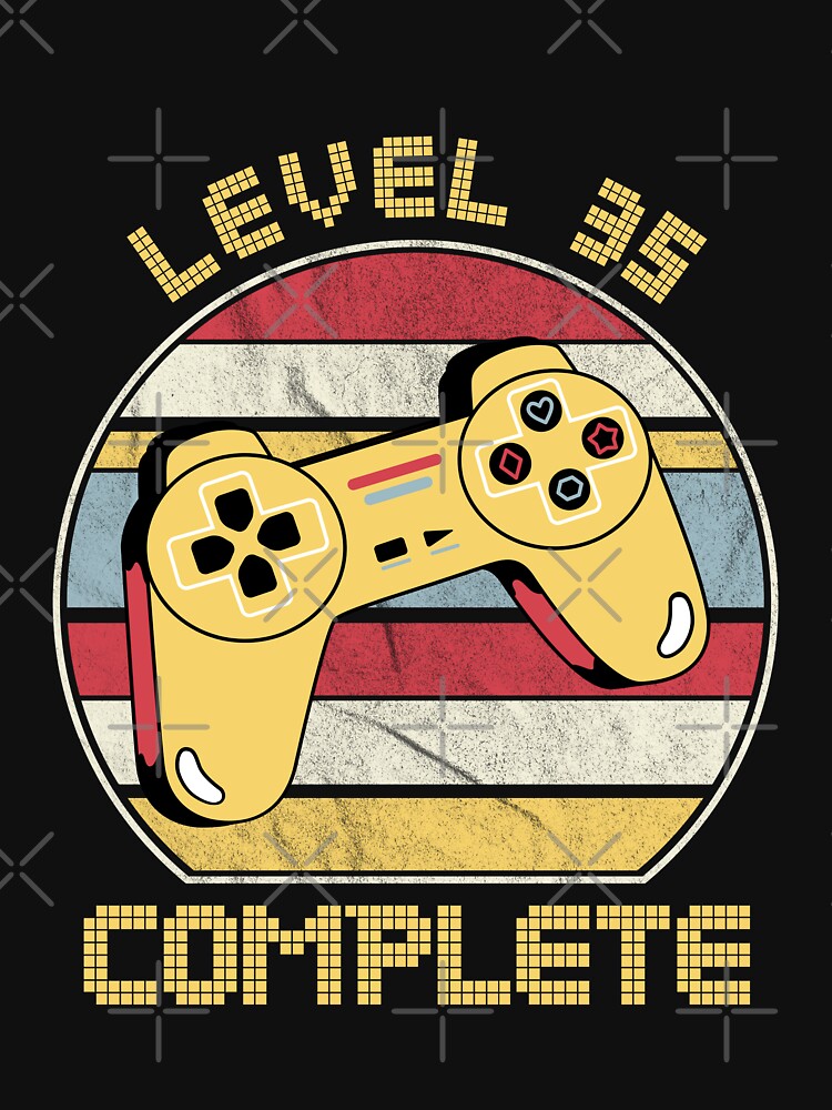 Level 35 complete, video gamers ,35th anniversary, 35th birthday, funny gaming pun,celebration, vintage,70's palette, retro controller, by allycat57