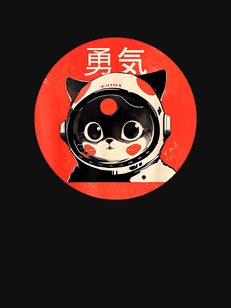 Space Cat Courage Japanese Retro Kawaii Cute Astronaut Cat T-Shirt by JJLetterDesigns