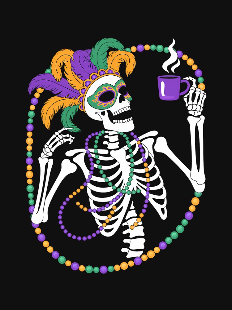Mardi Gras Skeleton Drinking Coffee Mask Beads by JonathalIngham