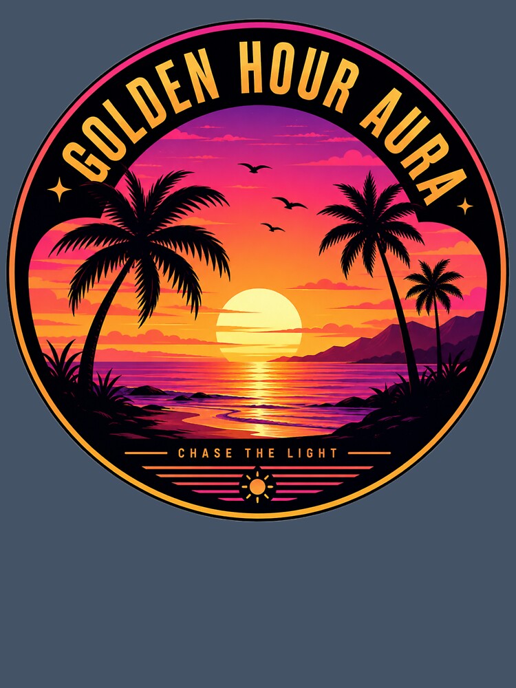 Synthwave Golden Hour Aura - Retro Tropical Sunset Emblem by Expats Studio
