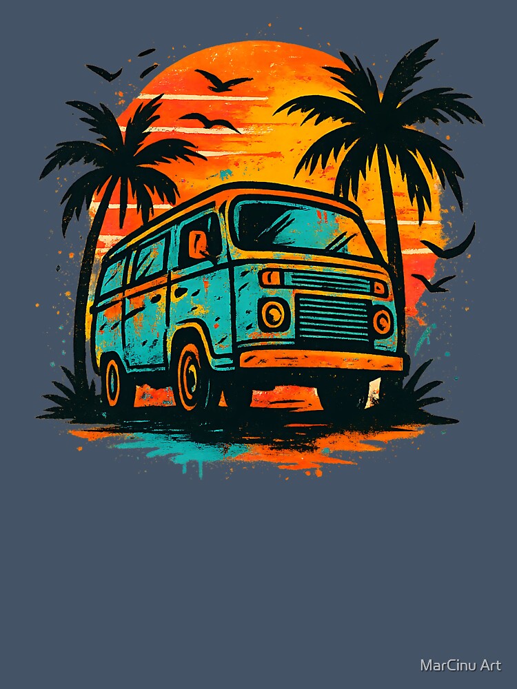 Retro Vintage Camper Van - Distressed Tropical Sunset Surf Bus by MarCinu Art