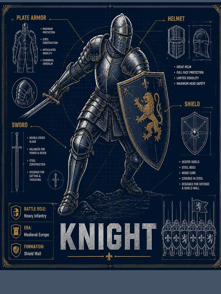Medieval Knight Blueprint | Armor Shield & Sword Technical Illustration by SunnyDesign82