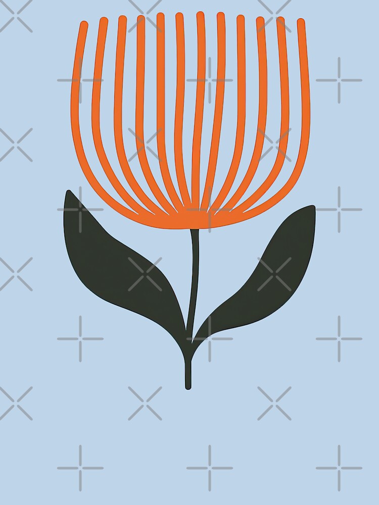 Minimal Orange Line Flower with Dark Green Leaves by ArtfulWeave