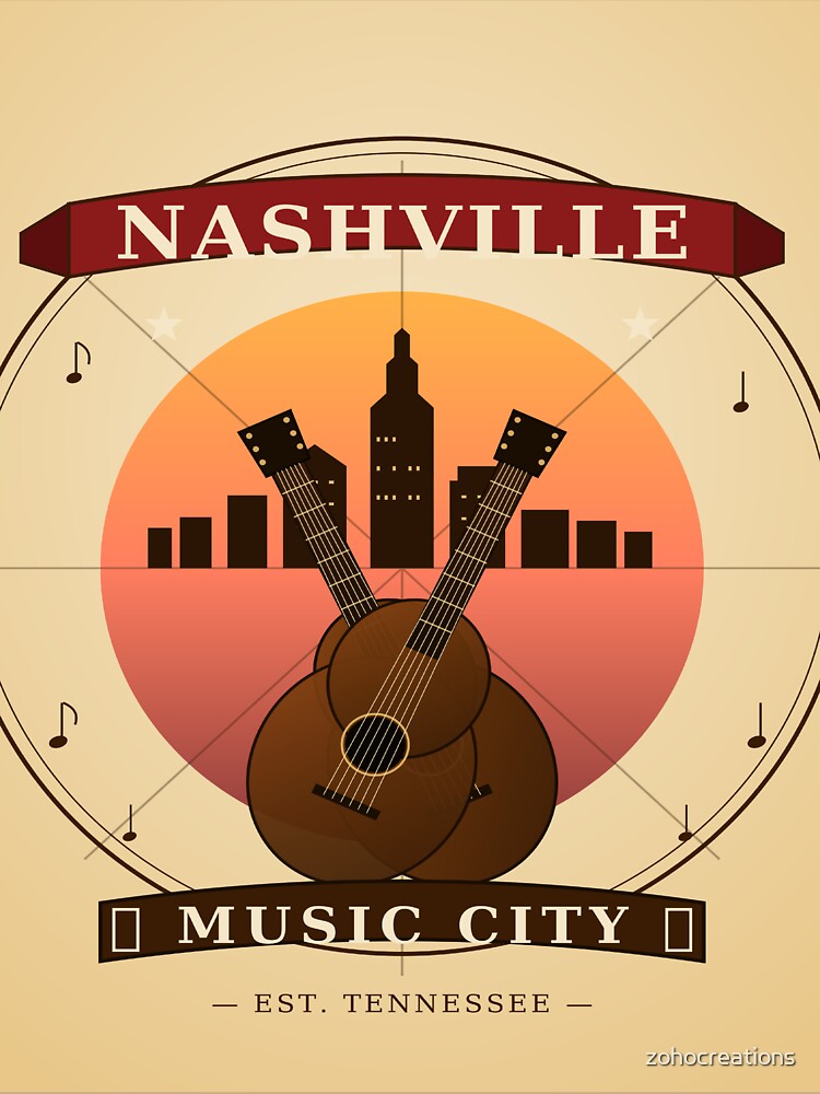 Nashville Music City Retro Guitar Skyline Badge | Tennessee Country Travel Art by zohocreations
