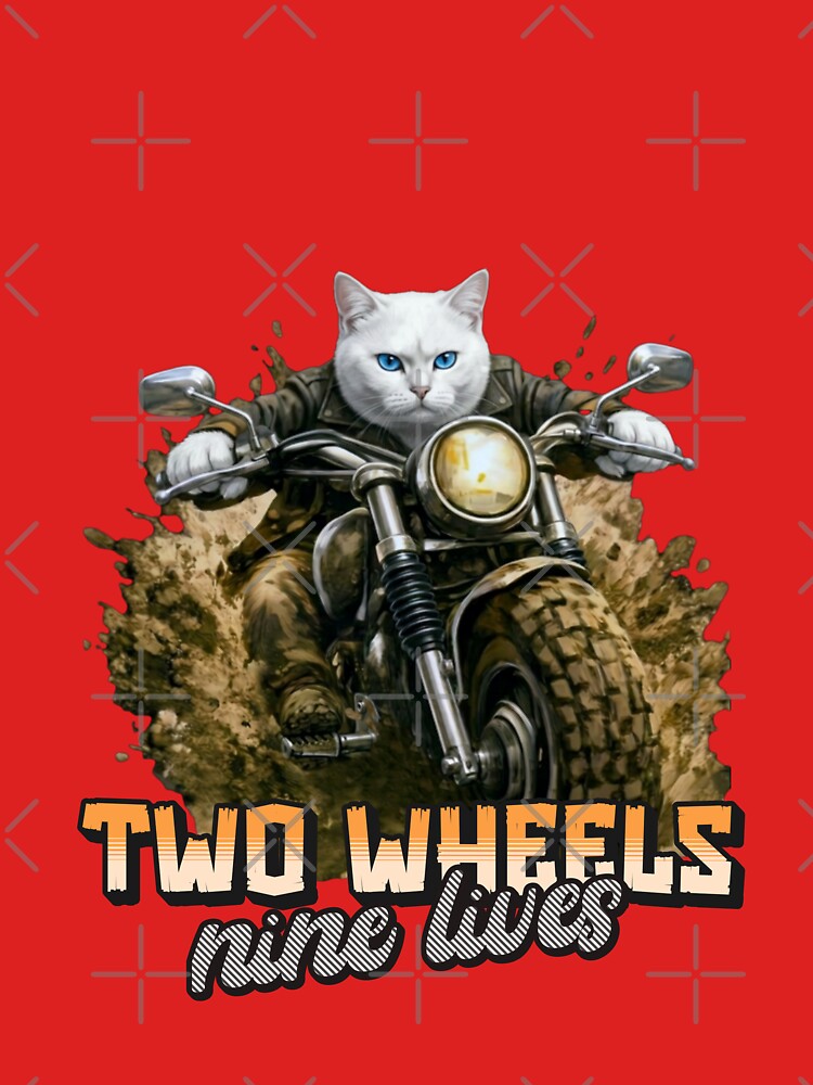 White Cat Motorcycle Art – Two Wheels Nine Lives Biker Cat Print Design by PixelsPaws